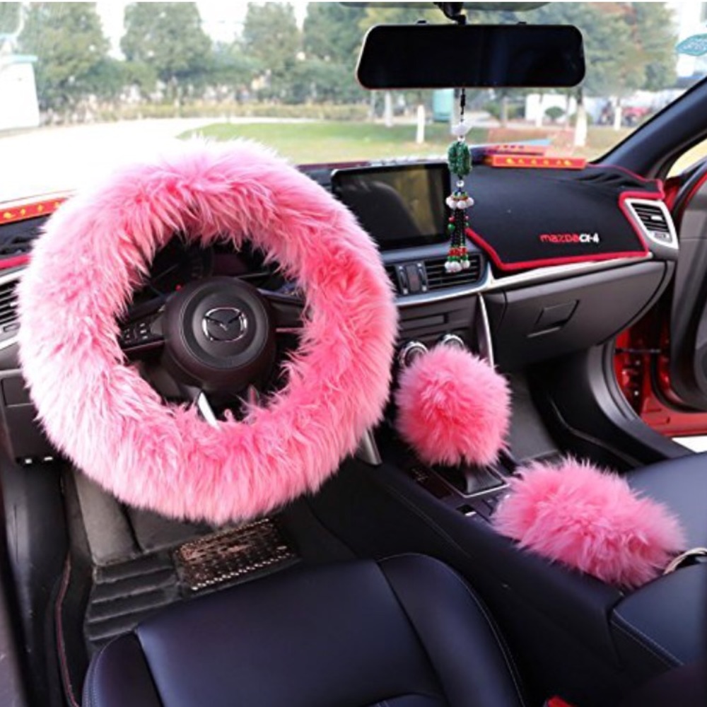 Hot pink fuzzy car steering wheel cover wool